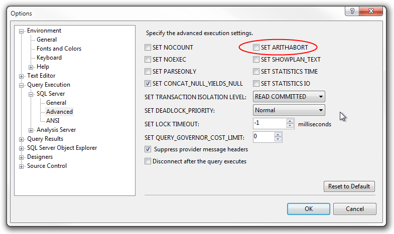 SET ARITHABORT setting in MS SQL Management Studio